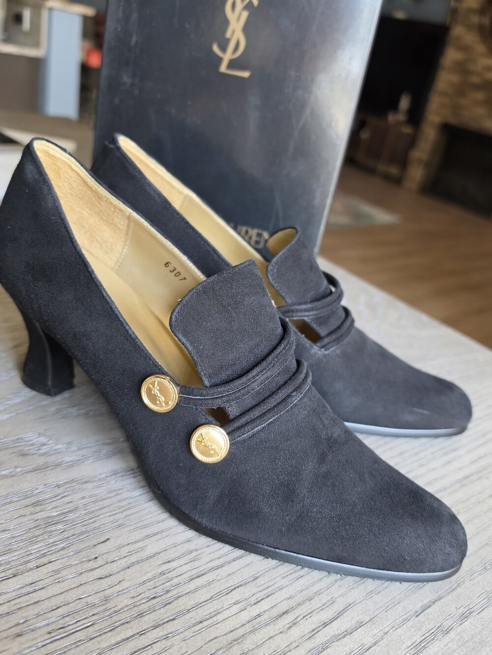 Saint Laurent Black Suede Mid-Heel Loafers with Gold Buttons